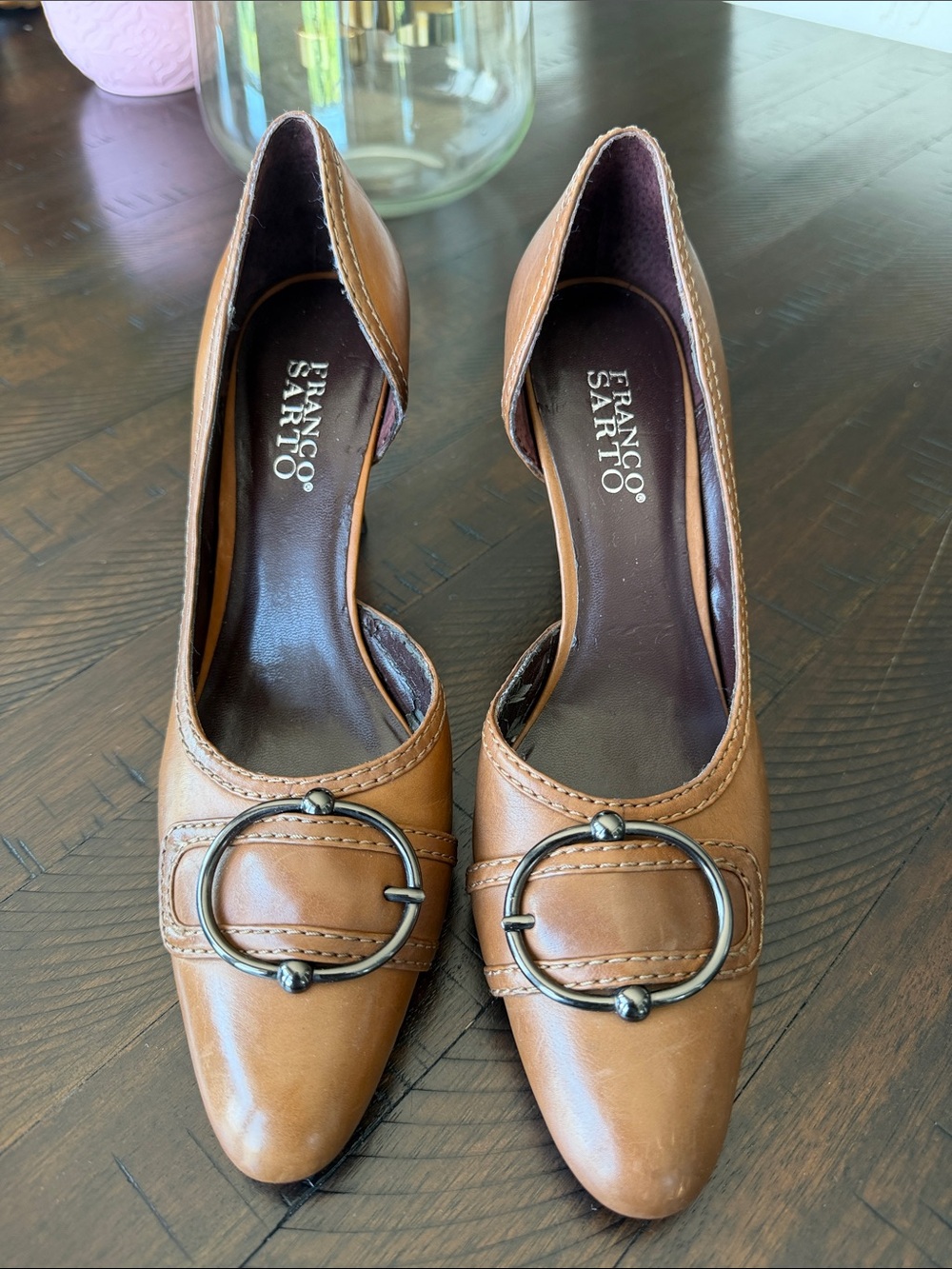 Franco Sarto Cognac Leather Pointed Toe Heels with Round Buckle